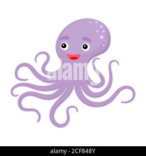Cute funny violet octopus print on white background. Ocean cartoon animal character for design of album, scrapbook, greeting card, invitation Stock Vector