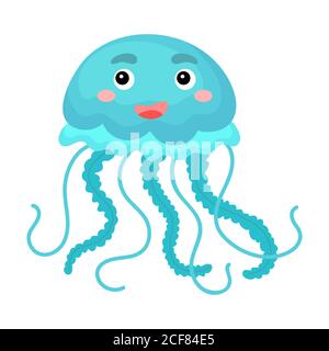 Cute funny blue jellyfish print on white background. Ocean cartoon animal character for design of album, scrapbook, greeting card, invitation Stock Vector