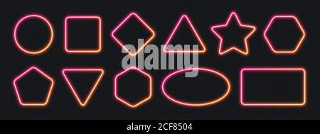 Neon gradient frames set, collection of pink-orange glowing borders isolated on a dark background. Stock Vector