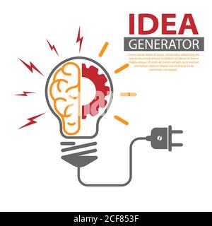 Idea Generator. The human brain and the light bulb. Editable vector illustration for website, booklet, project, and creative design. Stock image isola Stock Vector