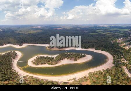A lake situated in the Netherlands, Utrecht, called Henschotermeer. by drone aerial utrechtse heuvelrug, henschotermeer, lake in holland Stock Photo