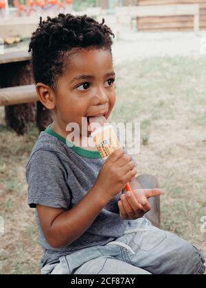 Funny African American boy in casual clothes looking away and licking tasty ice cream while sitting in yard Stock Photo