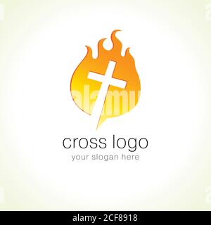 Cross on fire christian church logo. Vector icon for churches, christian organizations, bible colleges, conferences. Isolated abstract design template Stock Vector