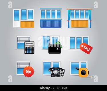 Window and glass doors logo list. Set of vector web icons of plastic windows, building industry, repairs, architectural company. Windows, doors order. Stock Vector