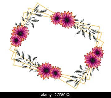 golden frame with pink daisy flowers and leaves, graphic floral illustration with black and white inked leaf branches and watercolor daisy for wedding Stock Photo