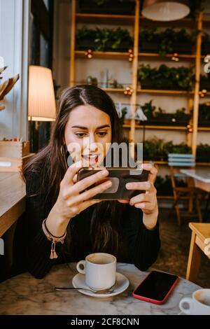 Young lady using smartphone in cafe Stock Photo