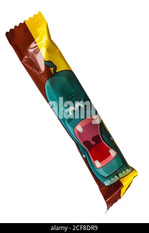 individual Fruit-tella zoomania zoo mania chewy sweet candy with fruit juice removed from packet showing hippo isolated on white background Stock Photo