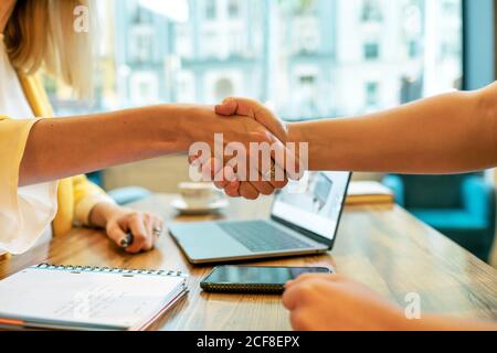 Low angle side view of crop business people shaking hands while making alliance for future collaboration during meeting in light modern office Stock Photo