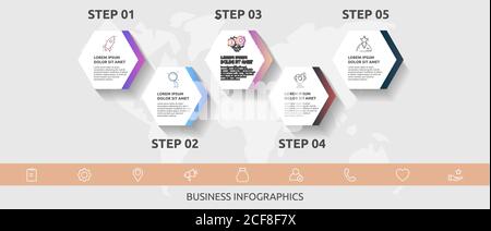 Vector business infographics. Timeline modern with 5 hexagons, arrows. Used for web design, graph, diagrams, slideshow Stock Vector