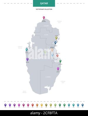 Qatar map with location pointer marks. Infographic vector template, isolated on white background. Stock Vector
