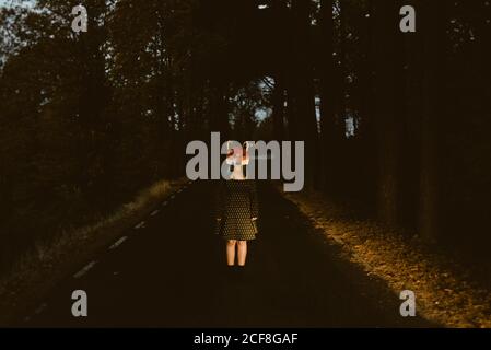 anonymous female in paper fox mask standing in the middle of forest alley at night. Concept of animal road casualties or roadkill Stock Photo