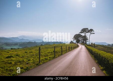 Asphalt road with wooden guard among empty bight green fields with big trees powerful mountains and blue sky on background under sunlight at Comillas Cantabria Stock Photo