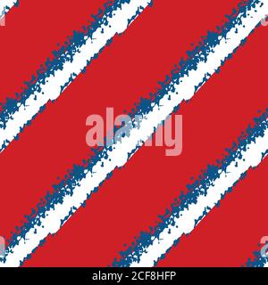 Modern grunge diagonal stripe vector seamless pattern background. Painterly brush stroke style slanted white blue bands on red backdrop. Abstract Stock Vector