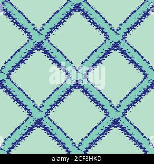 Vector wicker weave seamless pattern background. Painterly grunge brush diagonal grid mesh backdrop. Woven criss cross monochrome blue geometric Stock Vector