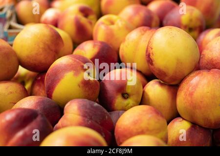 Heap of ripe red yellow aromatic nectarines. Fruit harvest sale. Background backdrop a large number of peaches nectarines on supermarket shelves Stock Photo