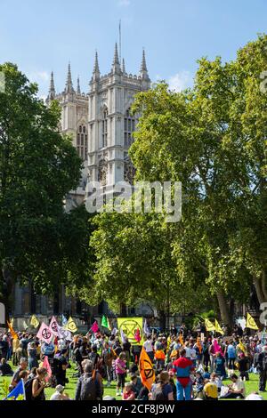 Protesters gathered in Parliament Square during Extinction Rebellion demonstration, London, 1 September 2020 Stock Photo