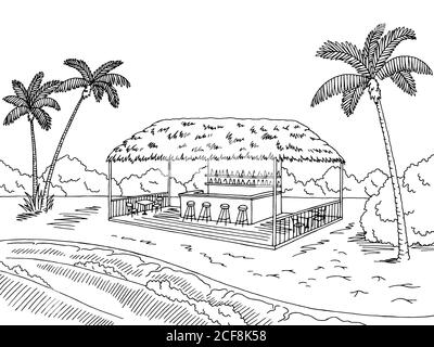 Beach cafe bar graphic black white landscape sketch illustration vector Stock Vector