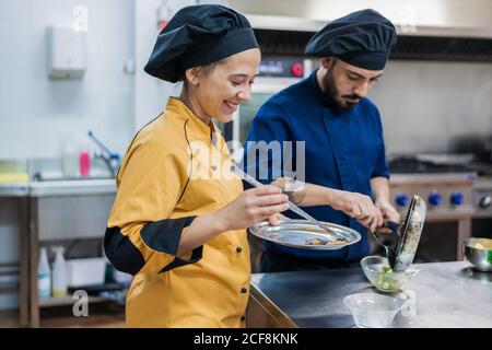 Professional chefs preparing dish in restaurant kitchen Stock Photo