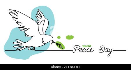 World Peace Day minimal background, web banner with white dove, pigeon and olive branch. One continuous line drawing background with lettering Peace Stock Vector