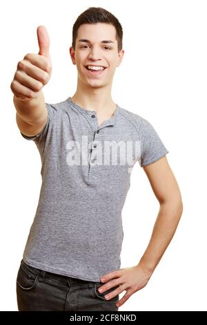 Young successful man holds his thumb up Stock Photo
