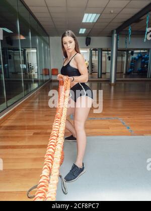 Muscular lady in sportswear pulling resistance ropes while exercising in spacious gym and looking determined at camera Stock Photo