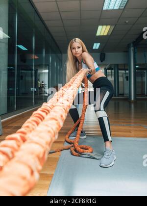 Side view of muscular lady in sportswear pulling resistance ropes while exercising in spacious gym and looking determined at camera Stock Photo