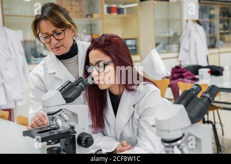 Female scientists using microscopes in lab Stock Photo
