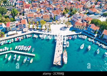 Tourist town of Selce waterfront and colorful architecture aerial view, Crikvenica riviera in Croatia Stock Photo