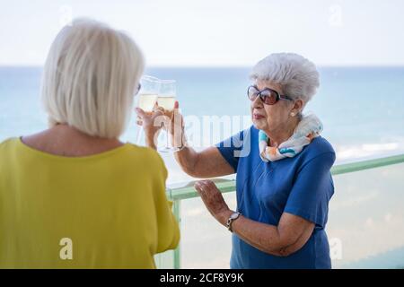 Happy mature women in elegant outfits saying toast and enjoying wine while standing on hotel balcony near sea on resort Stock Photo
