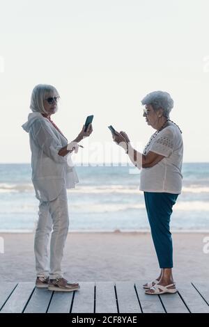 Side view of aged confident thoughtful modern grey-haired seniors browsing mobile phones standing on sea background Stock Photo