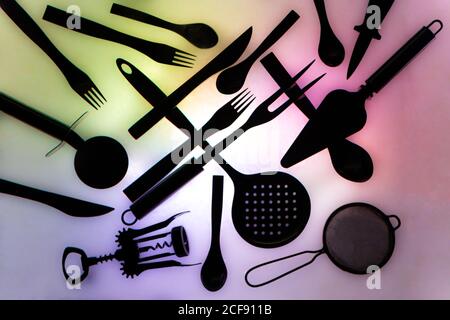 Set of various craft tools on colorful background Stock Photo