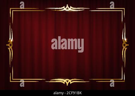 Vintage golden border isolated on red curtain background. Vector retro design element. Stock Vector