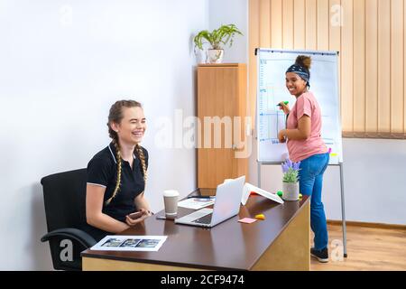 Two smiling multi-ethnic women having fun at work brainstorming with notes on flipchart in office Stock Photo