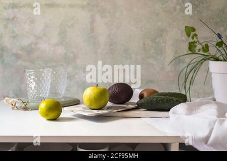 Fresh ingredients, recipe of Green smoothies. Concept of diet, cleansing the body, healthy eating Stock Photo