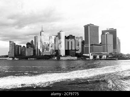 New York City, USA - October 7, 2019: Manhattan skyline. Photographed from a Staten Island ferry. Stock Photo