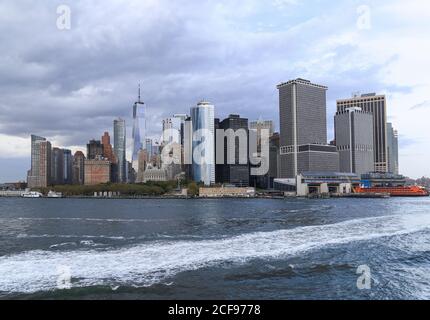 New York City, USA - October 7, 2019: Manhattan skyline. Photographed from a Staten Island ferry. Stock Photo