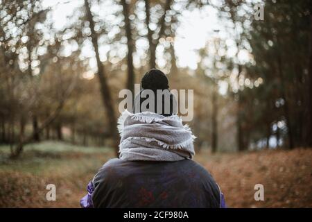 Back view of faceless person in black and violet jacket and warm hat in composition with gray scarf walking alone along footpath against blurred scenery of autumn park in daytime Stock Photo