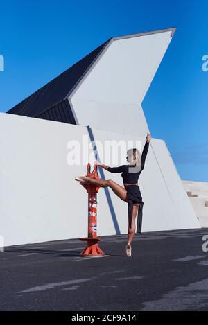 Graceful ballerina in pointe shoes performing element of ballroom dance standing on tiptoe with one leg raised on rooftop of modern building Stock Photo