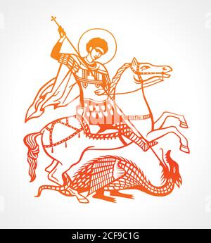 George the Victorious Fight with the evil. Holy fight with evil logo. Saint man on horse spear the dragon sign. Vector illustration. Heraldic element. Stock Vector