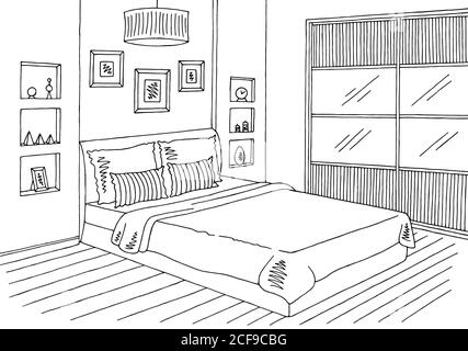 Bedroom graphic black white interior sketch illustration vector Stock Vector