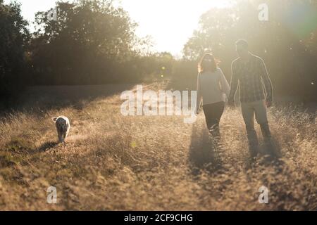 Couple with dog in countryside at sunset Stock Photo