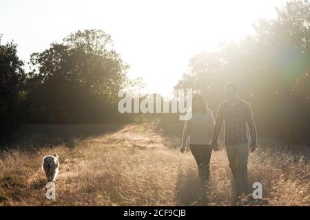 Couple with dog in countryside at sunset Stock Photo