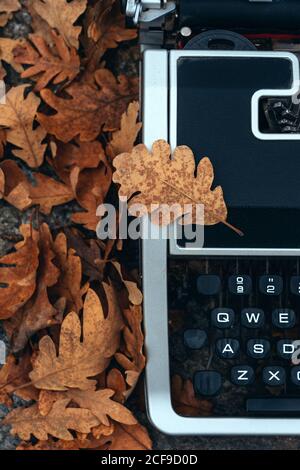 Vintage typewriter covered with oak leaves in autumn Stock Photo