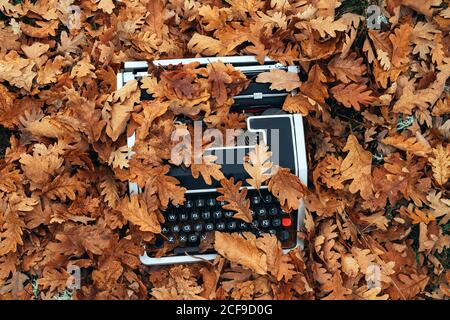 top view of vintage typewriter covered with oak leaves in autumn Stock Photo