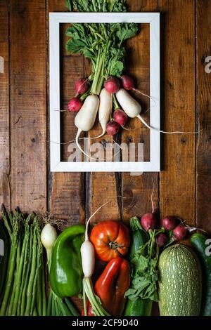 Flat lay of bunch of red and white radish in white frame and set of various fresh vegetables lined below on plank wooden background Stock Photo