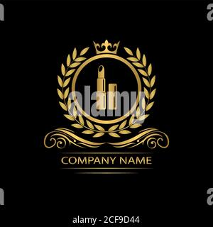 cosmetics logo template luxury royal vector lipstick company decorative emblem with crown Stock Vector