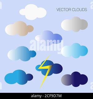 Vector Clouds of different shapes and colors. Cartoon Cloud with lightning. Stock Vector