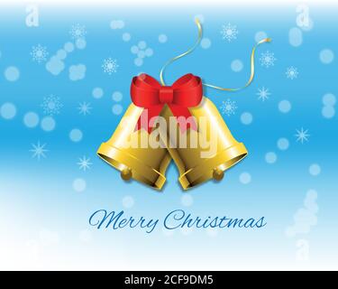 Merry Christmas. Christmas bells with bow and ribbon on blue background with snowflakes. Stock Vector