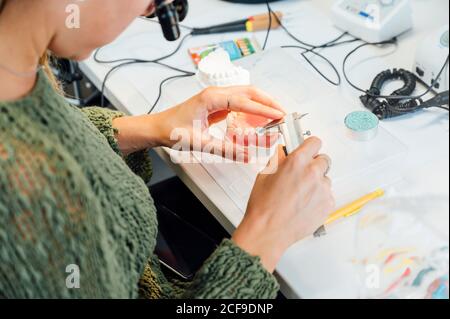 From above of crop male dentistry student using caliper for measuring dental prosthesis while working at table with tools during class Stock Photo