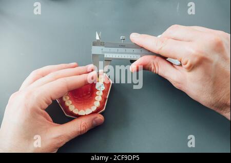 From above of crop male dentistry student using caliper for measuring dental prosthesis while working at table with tools during class Stock Photo